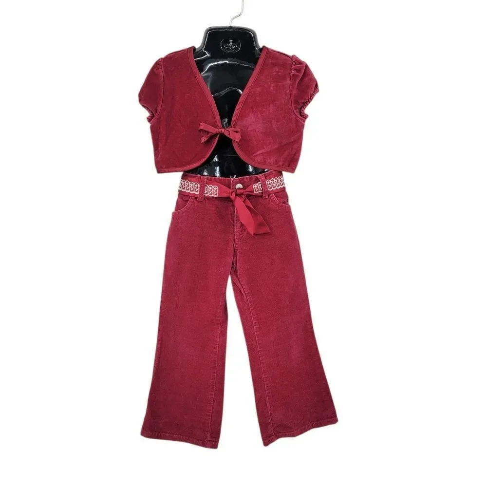 Y2K Old Navy 2 Piece Red Velvet Set with Tie Front Bolero Top Flared Pants